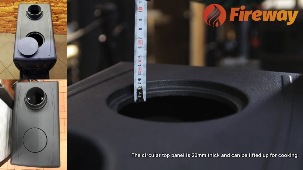 The circular top panel is 20mm thick and can be lifted up for cooking.