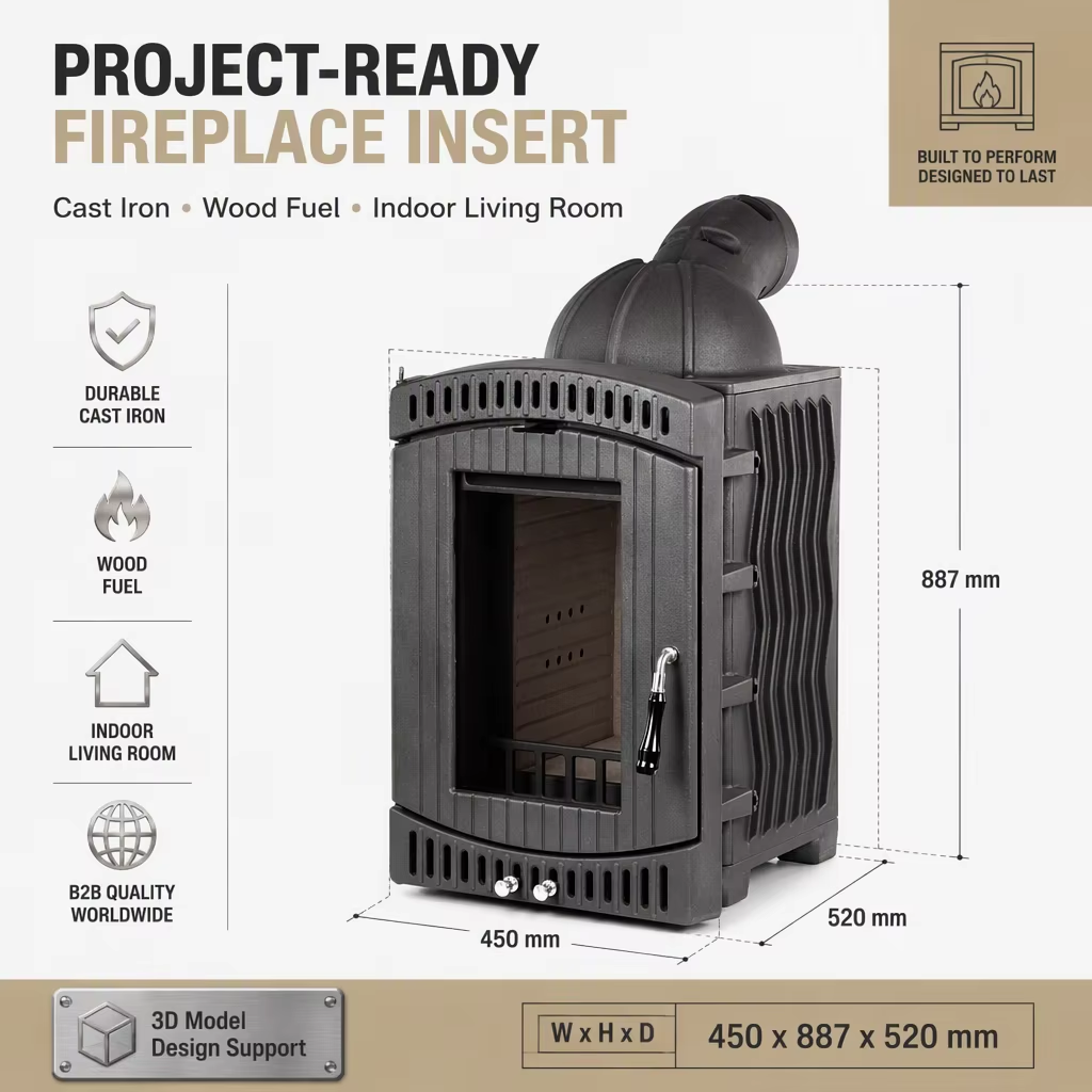 Agnet vertical cast iron fireplace insert with straight glass door