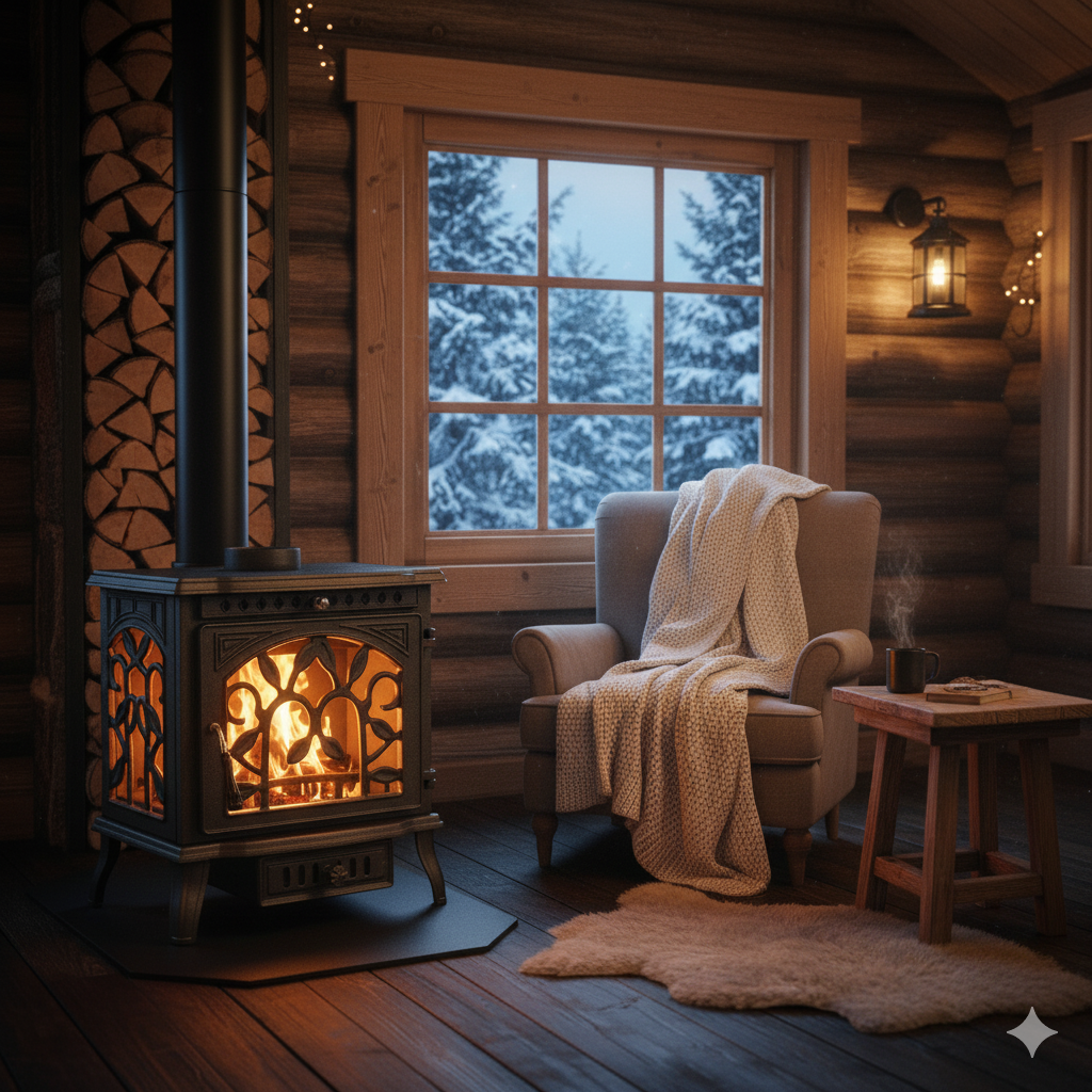 Demetra cast iron stove with three-sided glass panels