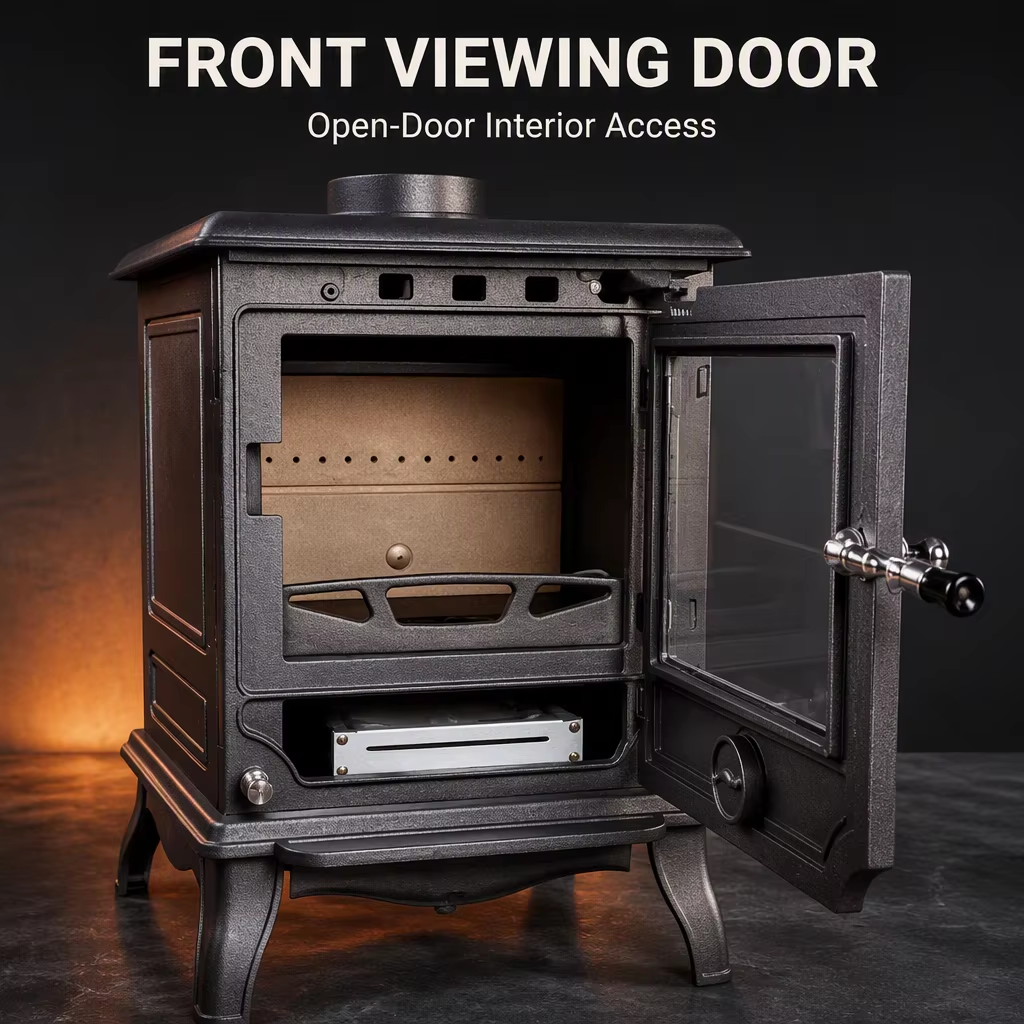 Finn 10kW cast iron wood burning stove with patterned top lid