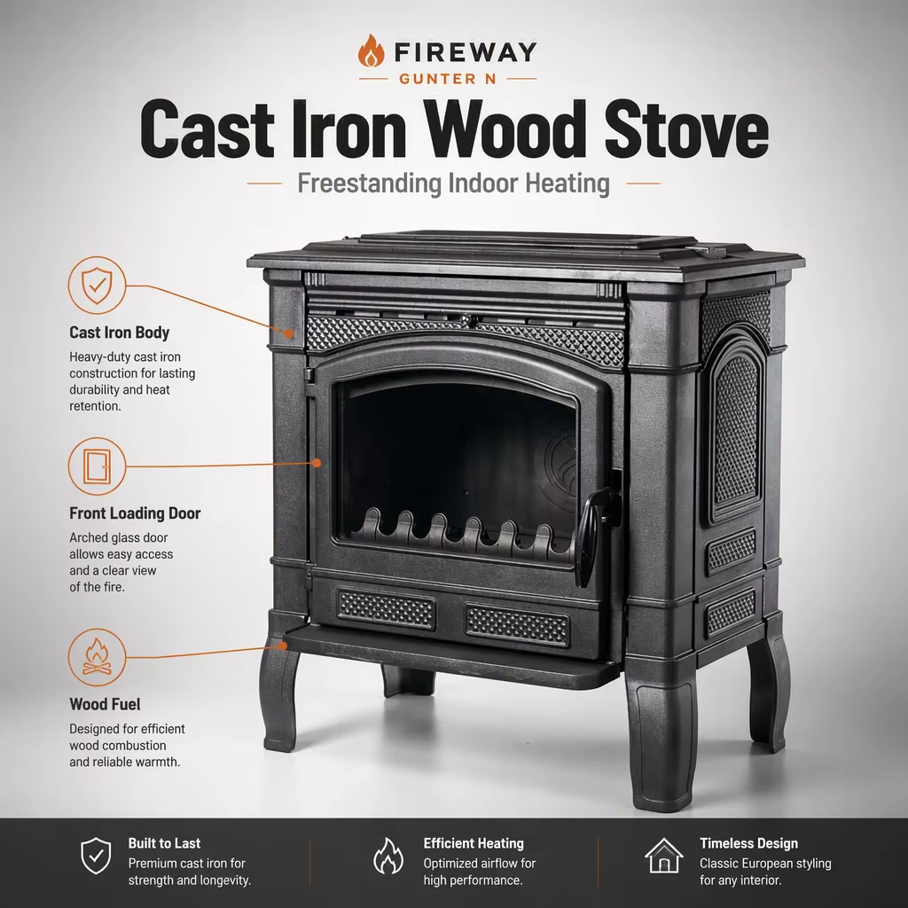 Gunter N cast iron stove with large panoramic glass door
