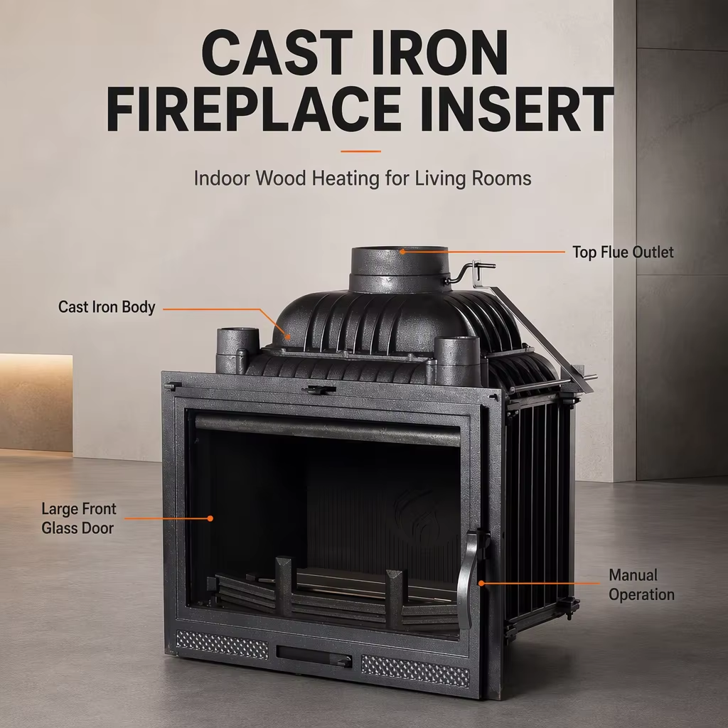 Main cast iron fireplace insert with straight glass door