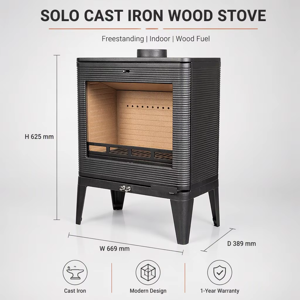 Solo panoramic cast iron wood burning stove