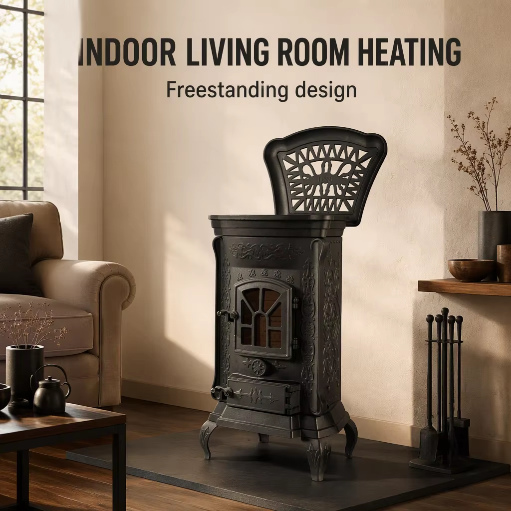 Step compact cast iron stove with rear flue outlet
