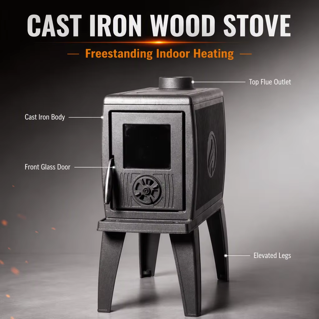 Zeige compact cast iron wood burning stove